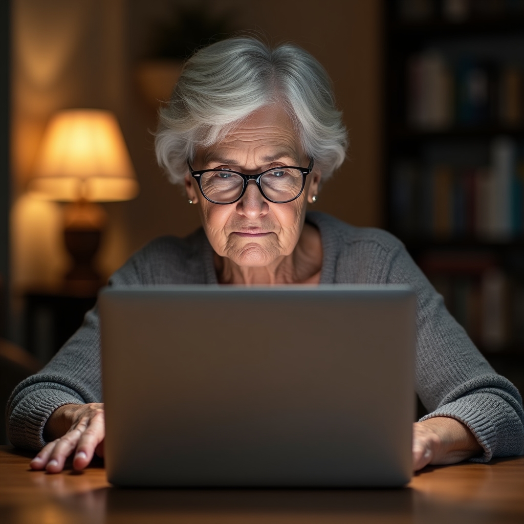 Ältere Person sitzt konzentriert am Laptop und liest Informationen zum Ehrenamt